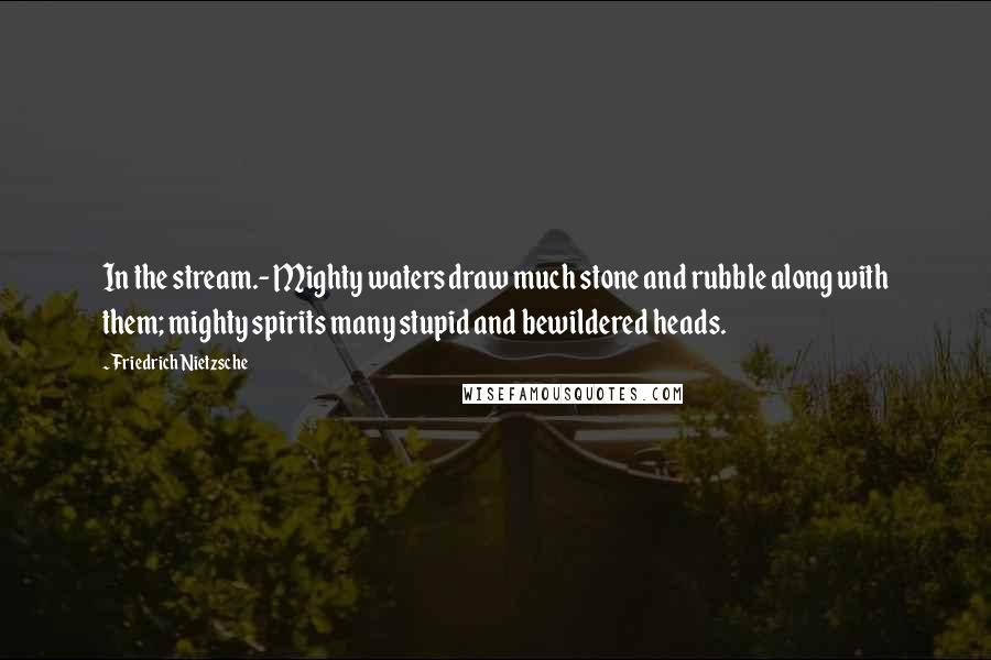 Friedrich Nietzsche Quotes: In the stream.- Mighty waters draw much stone and rubble along with them; mighty spirits many stupid and bewildered heads.