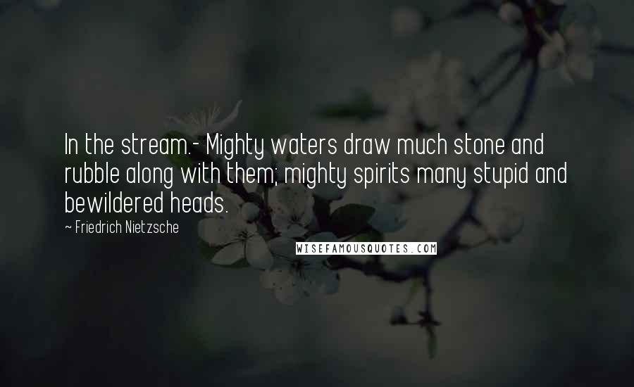 Friedrich Nietzsche Quotes: In the stream.- Mighty waters draw much stone and rubble along with them; mighty spirits many stupid and bewildered heads.