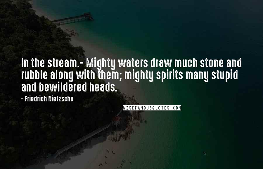 Friedrich Nietzsche Quotes: In the stream.- Mighty waters draw much stone and rubble along with them; mighty spirits many stupid and bewildered heads.
