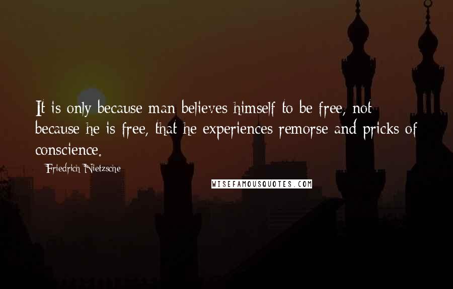 Friedrich Nietzsche Quotes: It is only because man believes himself to be free, not because he is free, that he experiences remorse and pricks of conscience.