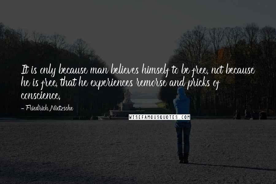 Friedrich Nietzsche Quotes: It is only because man believes himself to be free, not because he is free, that he experiences remorse and pricks of conscience.