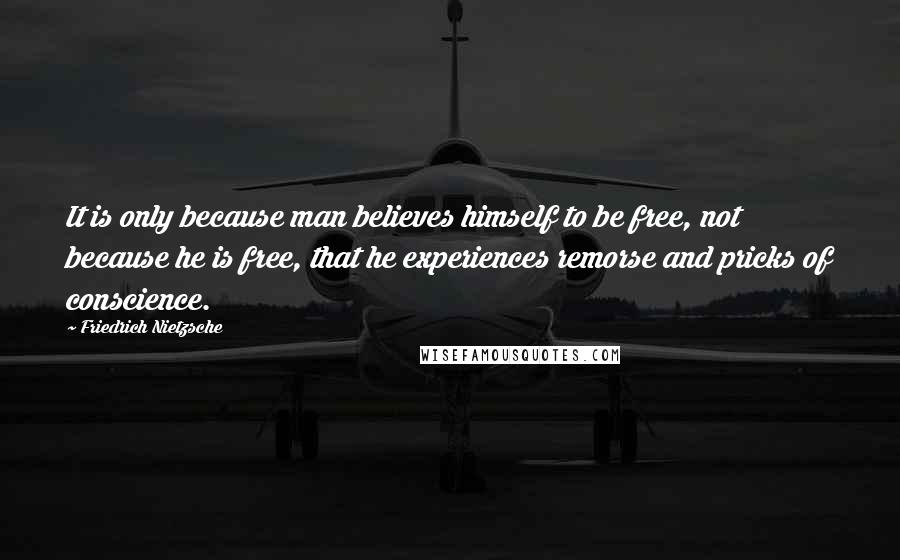 Friedrich Nietzsche Quotes: It is only because man believes himself to be free, not because he is free, that he experiences remorse and pricks of conscience.