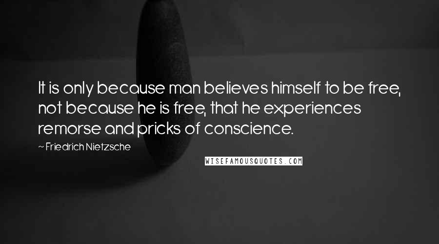 Friedrich Nietzsche Quotes: It is only because man believes himself to be free, not because he is free, that he experiences remorse and pricks of conscience.