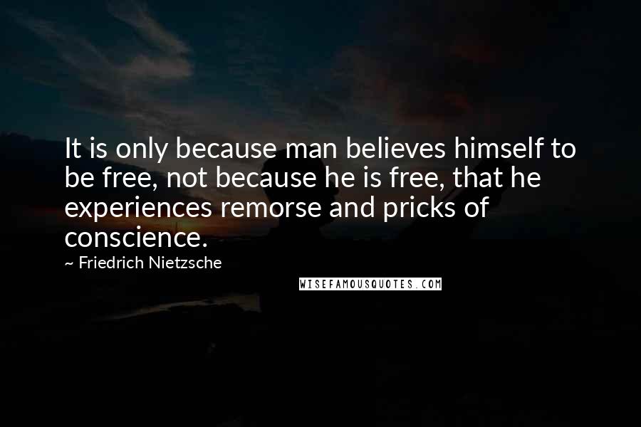 Friedrich Nietzsche Quotes: It is only because man believes himself to be free, not because he is free, that he experiences remorse and pricks of conscience.