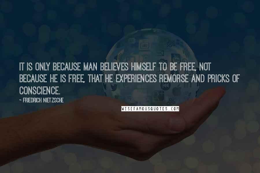 Friedrich Nietzsche Quotes: It is only because man believes himself to be free, not because he is free, that he experiences remorse and pricks of conscience.