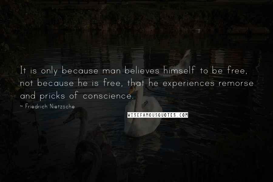 Friedrich Nietzsche Quotes: It is only because man believes himself to be free, not because he is free, that he experiences remorse and pricks of conscience.