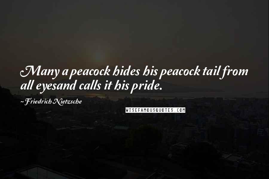 Friedrich Nietzsche Quotes: Many a peacock hides his peacock tail from all eyesand calls it his pride.