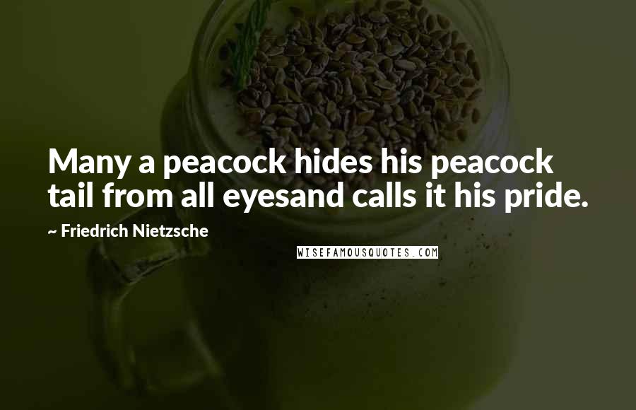 Friedrich Nietzsche Quotes: Many a peacock hides his peacock tail from all eyesand calls it his pride.