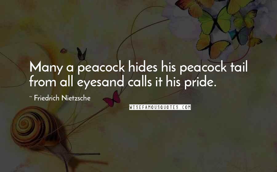 Friedrich Nietzsche Quotes: Many a peacock hides his peacock tail from all eyesand calls it his pride.