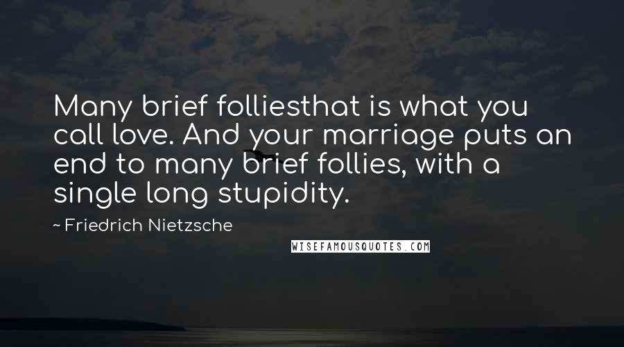 Friedrich Nietzsche Quotes: Many brief folliesthat is what you call love. And your marriage puts an end to many brief follies, with a single long stupidity.