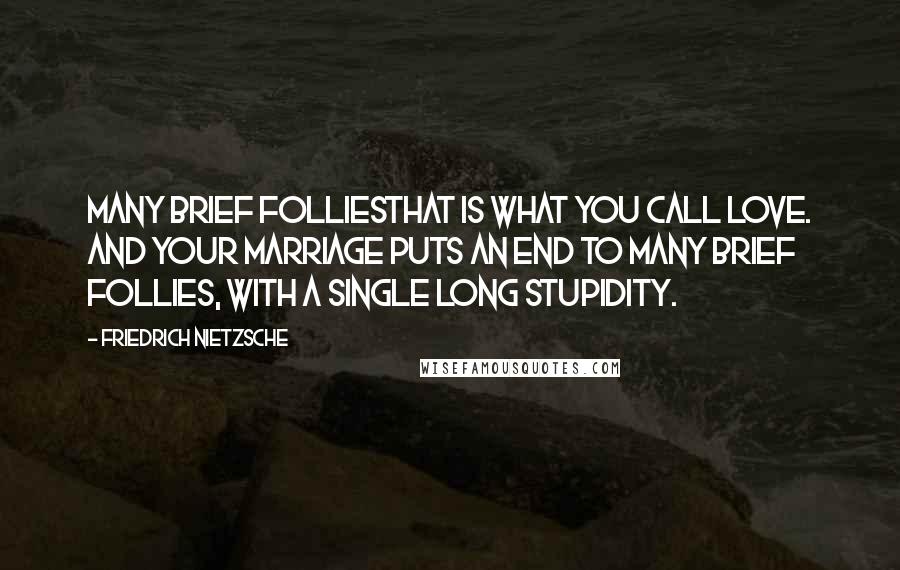 Friedrich Nietzsche Quotes: Many brief folliesthat is what you call love. And your marriage puts an end to many brief follies, with a single long stupidity.