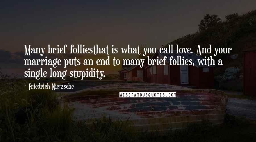 Friedrich Nietzsche Quotes: Many brief folliesthat is what you call love. And your marriage puts an end to many brief follies, with a single long stupidity.