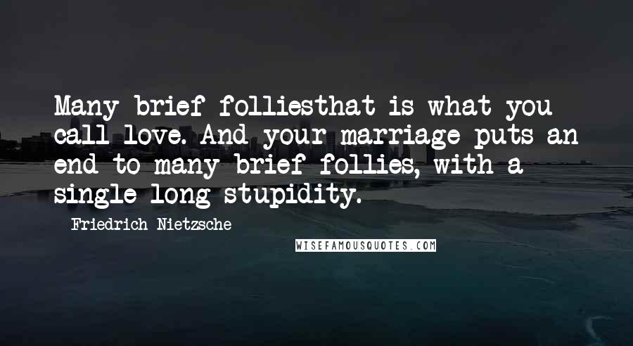 Friedrich Nietzsche Quotes: Many brief folliesthat is what you call love. And your marriage puts an end to many brief follies, with a single long stupidity.