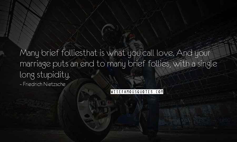 Friedrich Nietzsche Quotes: Many brief folliesthat is what you call love. And your marriage puts an end to many brief follies, with a single long stupidity.