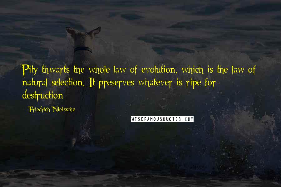 Friedrich Nietzsche Quotes: Pity thwarts the whole law of evolution, which is the law of natural selection. It preserves whatever is ripe for destruction;