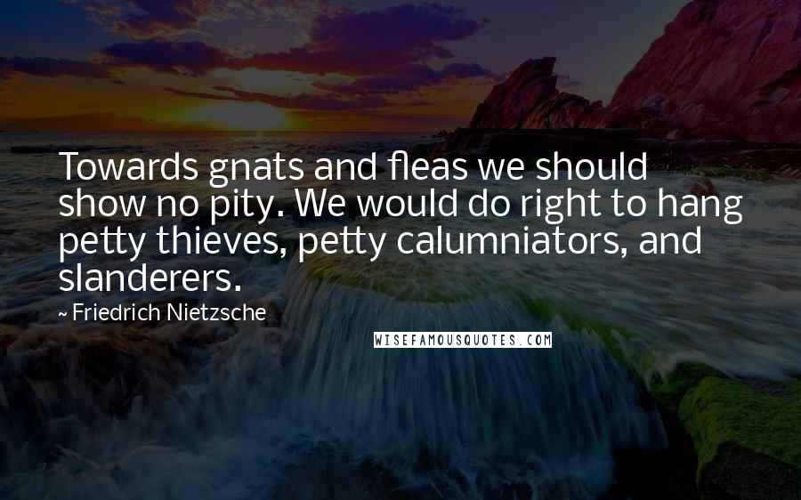 Friedrich Nietzsche Quotes: Towards gnats and fleas we should show no pity. We would do right to hang petty thieves, petty calumniators, and slanderers.