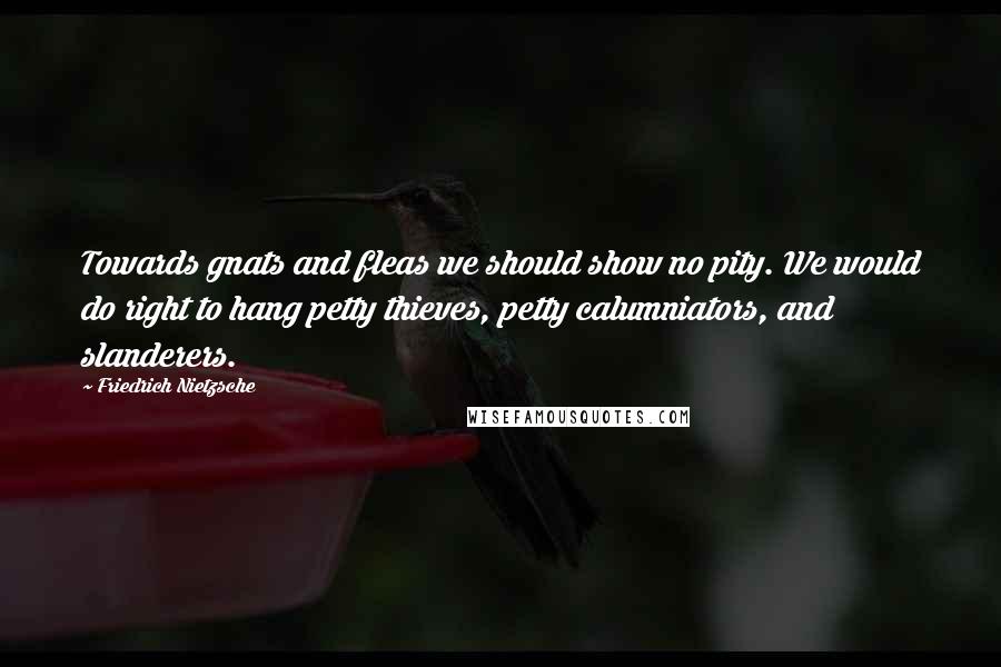 Friedrich Nietzsche Quotes: Towards gnats and fleas we should show no pity. We would do right to hang petty thieves, petty calumniators, and slanderers.