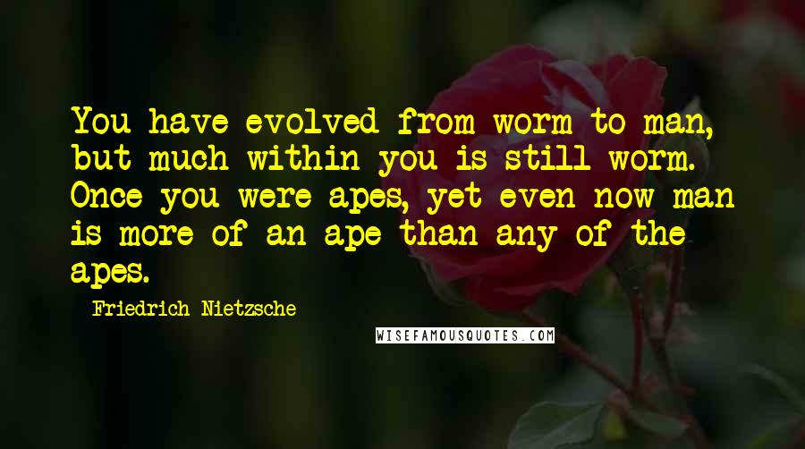 Friedrich Nietzsche Quotes: You have evolved from worm to man, but much within you is still worm. Once you were apes, yet even now man is more of an ape than any of the apes.