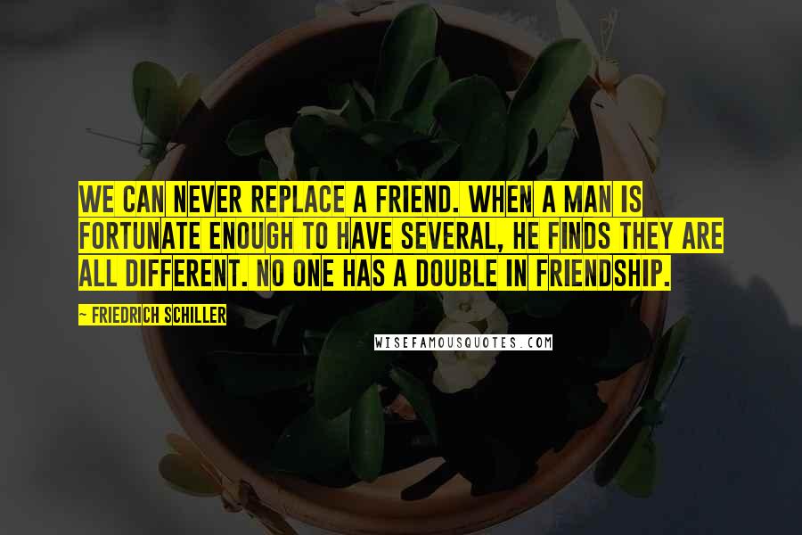 Friedrich Schiller Quotes: We can never replace a friend. When a man is fortunate enough to have several, he finds they are all different. No one has a double in friendship.