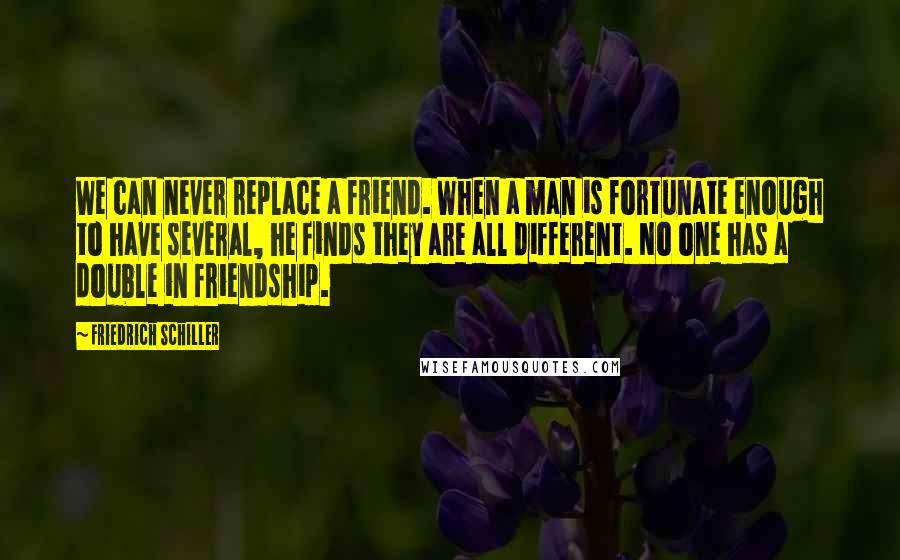 Friedrich Schiller Quotes: We can never replace a friend. When a man is fortunate enough to have several, he finds they are all different. No one has a double in friendship.