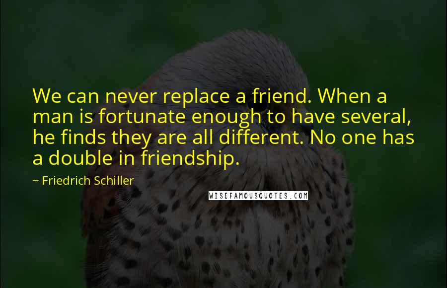 Friedrich Schiller Quotes: We can never replace a friend. When a man is fortunate enough to have several, he finds they are all different. No one has a double in friendship.