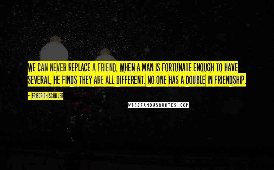 Friedrich Schiller Quotes: We can never replace a friend. When a man is fortunate enough to have several, he finds they are all different. No one has a double in friendship.