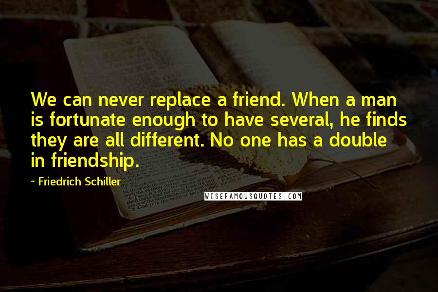 Friedrich Schiller Quotes: We can never replace a friend. When a man is fortunate enough to have several, he finds they are all different. No one has a double in friendship.