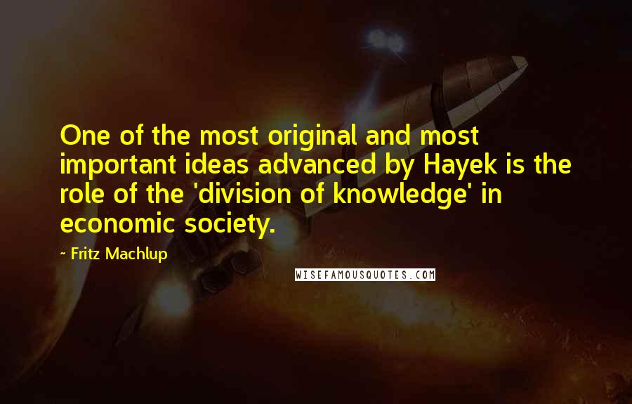 Fritz Machlup Quotes: One of the most original and most important ideas advanced by Hayek is the role of the 'division of knowledge' in economic society.