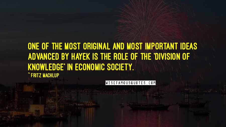 Fritz Machlup Quotes: One of the most original and most important ideas advanced by Hayek is the role of the 'division of knowledge' in economic society.