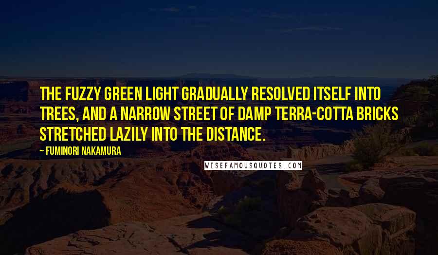 Fuminori Nakamura Quotes: THE FUZZY GREEN light gradually resolved itself into trees, and a narrow street of damp terra-cotta bricks stretched lazily into the distance.