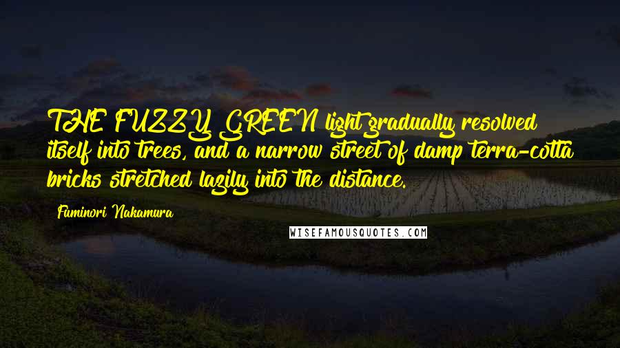 Fuminori Nakamura Quotes: THE FUZZY GREEN light gradually resolved itself into trees, and a narrow street of damp terra-cotta bricks stretched lazily into the distance.
