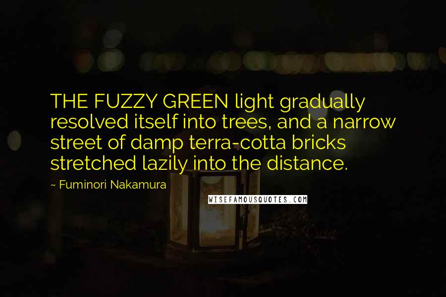 Fuminori Nakamura Quotes: THE FUZZY GREEN light gradually resolved itself into trees, and a narrow street of damp terra-cotta bricks stretched lazily into the distance.