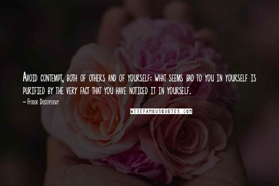 Fyodor Dostoyevsky Quotes: Avoid contempt, both of others and of yourself: what seems bad to you in yourself is purified by the very fact that you have noticed it in yourself.