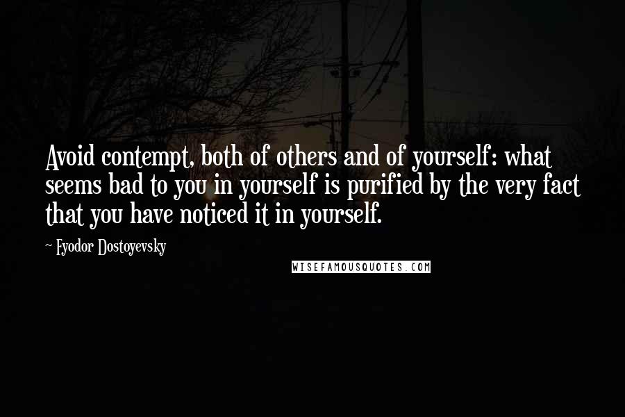 Fyodor Dostoyevsky Quotes: Avoid contempt, both of others and of yourself: what seems bad to you in yourself is purified by the very fact that you have noticed it in yourself.