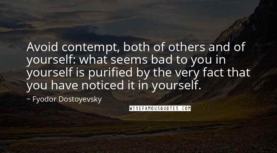 Fyodor Dostoyevsky Quotes: Avoid contempt, both of others and of yourself: what seems bad to you in yourself is purified by the very fact that you have noticed it in yourself.