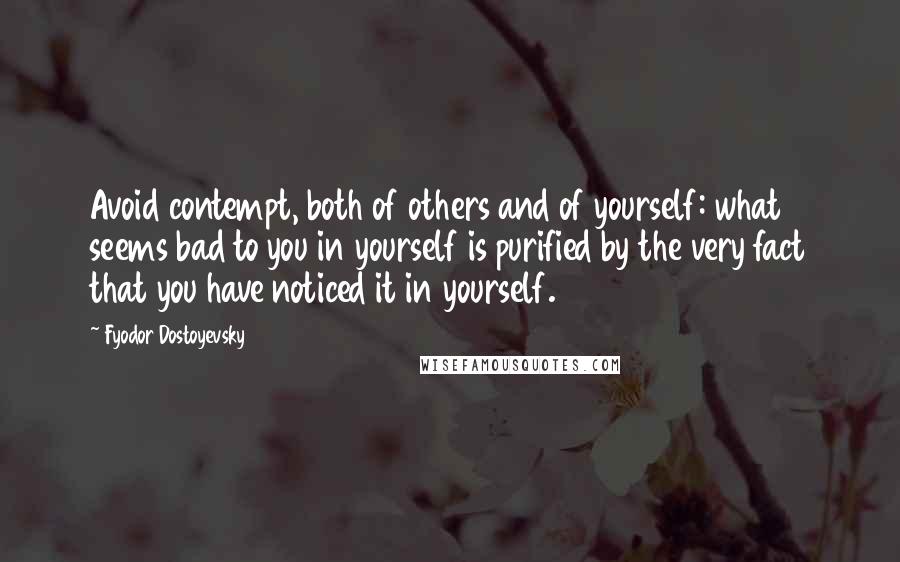 Fyodor Dostoyevsky Quotes: Avoid contempt, both of others and of yourself: what seems bad to you in yourself is purified by the very fact that you have noticed it in yourself.