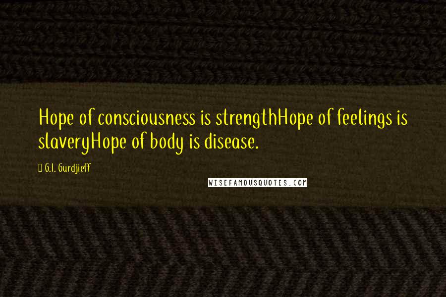 G.I. Gurdjieff Quotes: Hope of consciousness is strengthHope of feelings is slaveryHope of body is disease.