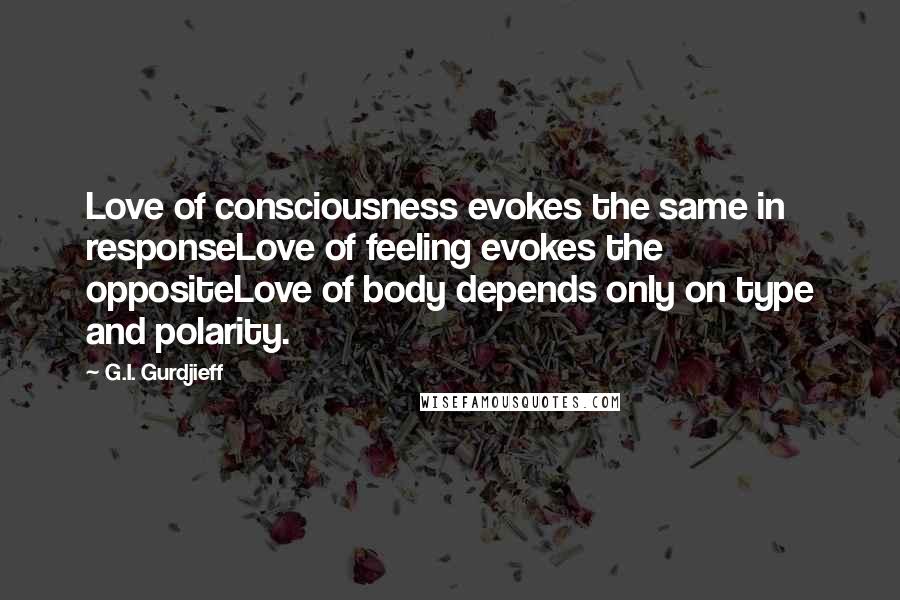G.I. Gurdjieff Quotes: Love of consciousness evokes the same in responseLove of feeling evokes the oppositeLove of body depends only on type and polarity.