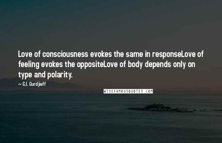 G.I. Gurdjieff Quotes: Love of consciousness evokes the same in responseLove of feeling evokes the oppositeLove of body depends only on type and polarity.