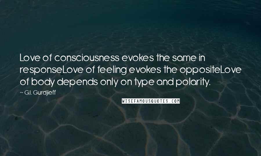 G.I. Gurdjieff Quotes: Love of consciousness evokes the same in responseLove of feeling evokes the oppositeLove of body depends only on type and polarity.