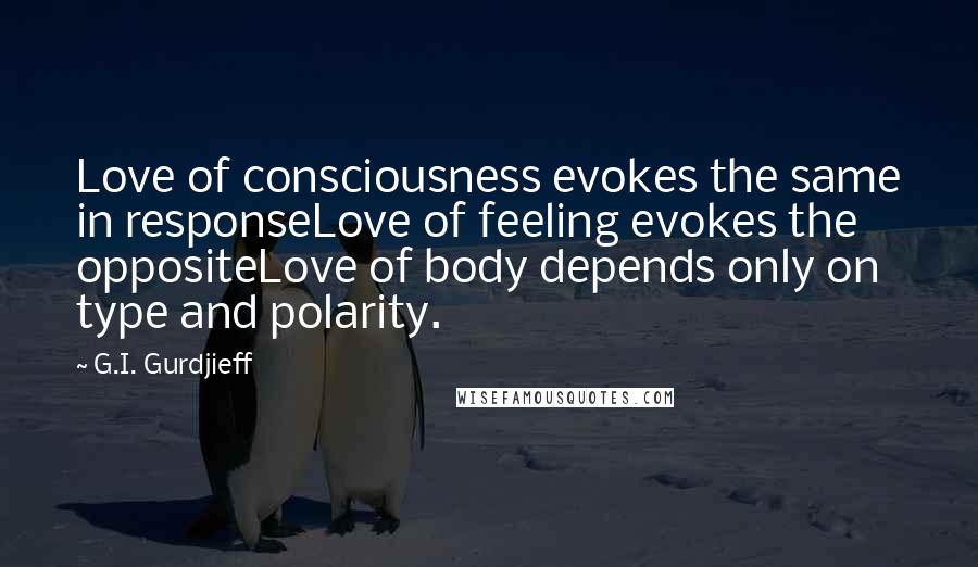 G.I. Gurdjieff Quotes: Love of consciousness evokes the same in responseLove of feeling evokes the oppositeLove of body depends only on type and polarity.