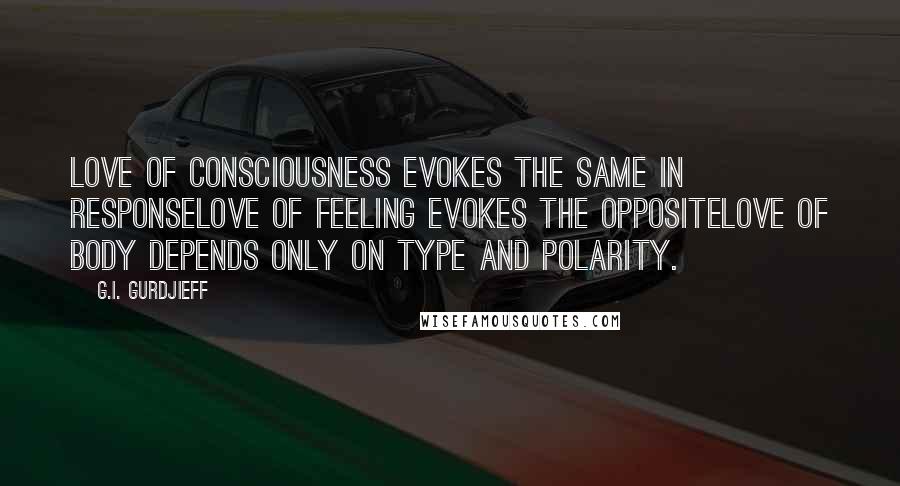 G.I. Gurdjieff Quotes: Love of consciousness evokes the same in responseLove of feeling evokes the oppositeLove of body depends only on type and polarity.