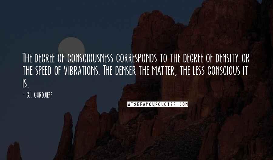 G.I. Gurdjieff Quotes: The degree of consciousness corresponds to the degree of density or the speed of vibrations. The denser the matter, the less conscious it is.