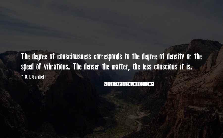 G.I. Gurdjieff Quotes: The degree of consciousness corresponds to the degree of density or the speed of vibrations. The denser the matter, the less conscious it is.