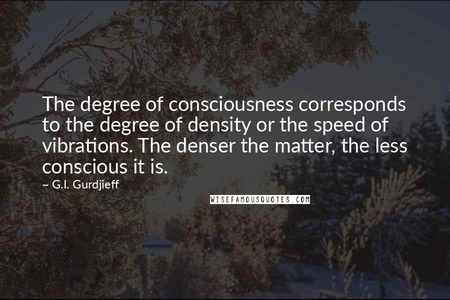 G.I. Gurdjieff Quotes: The degree of consciousness corresponds to the degree of density or the speed of vibrations. The denser the matter, the less conscious it is.