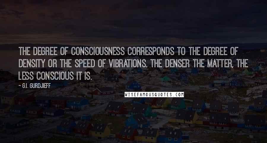 G.I. Gurdjieff Quotes: The degree of consciousness corresponds to the degree of density or the speed of vibrations. The denser the matter, the less conscious it is.