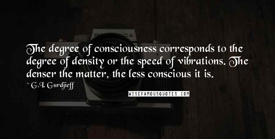 G.I. Gurdjieff Quotes: The degree of consciousness corresponds to the degree of density or the speed of vibrations. The denser the matter, the less conscious it is.