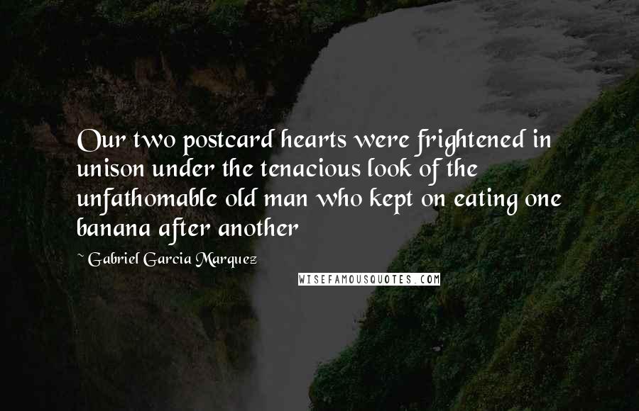 Gabriel Garcia Marquez Quotes: Our two postcard hearts were frightened in unison under the tenacious look of the unfathomable old man who kept on eating one banana after another