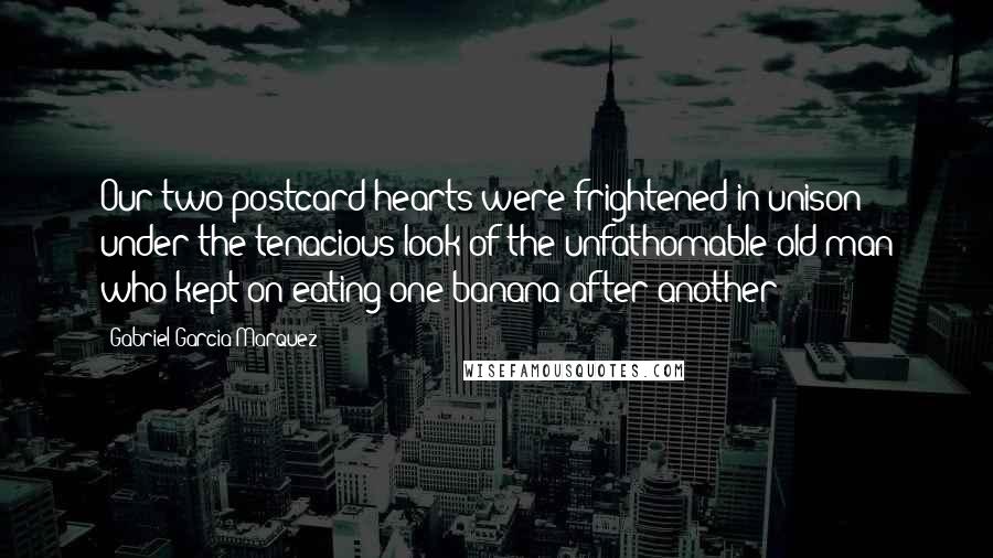 Gabriel Garcia Marquez Quotes: Our two postcard hearts were frightened in unison under the tenacious look of the unfathomable old man who kept on eating one banana after another