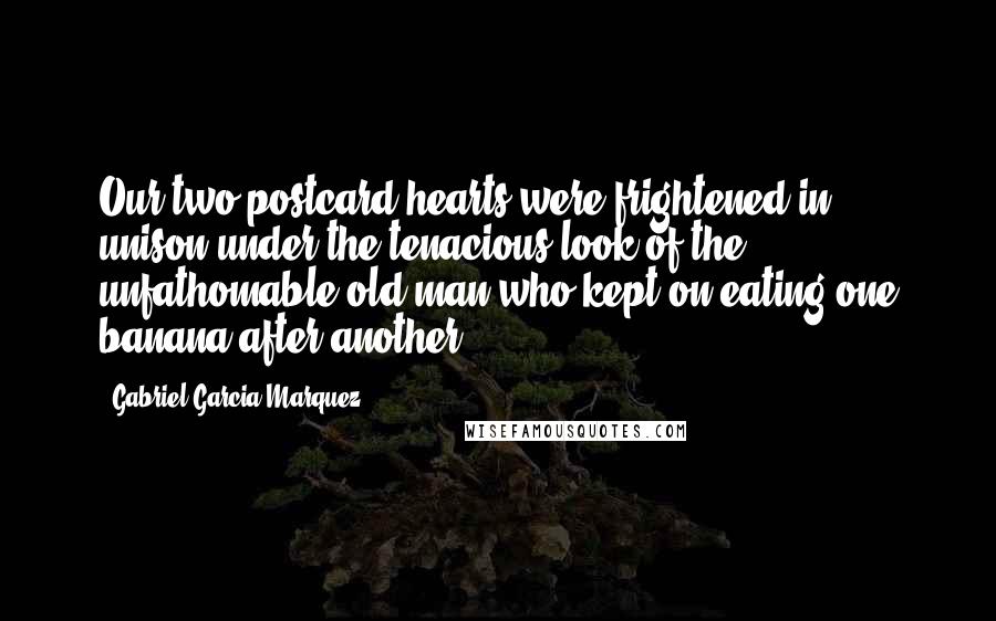 Gabriel Garcia Marquez Quotes: Our two postcard hearts were frightened in unison under the tenacious look of the unfathomable old man who kept on eating one banana after another